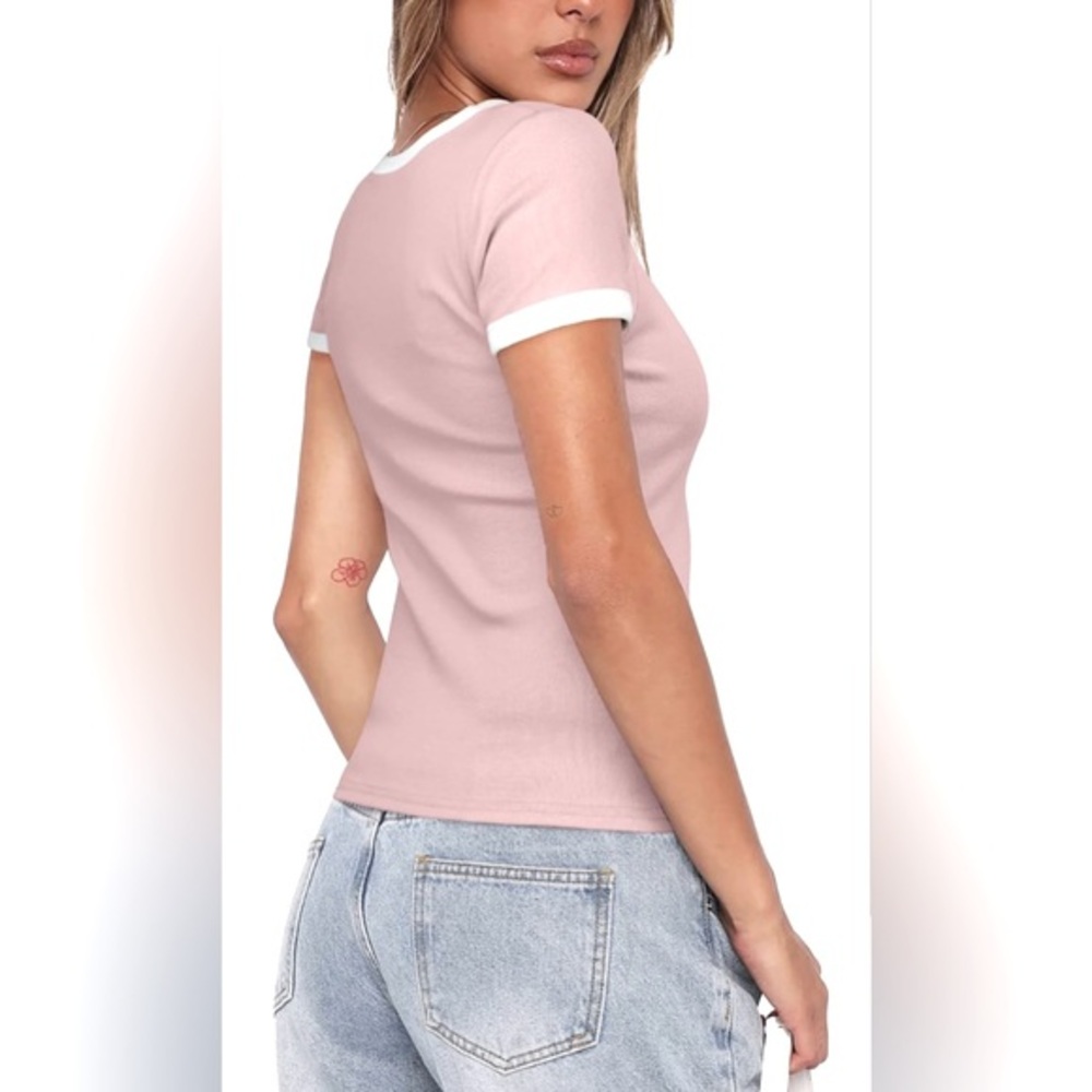 U Neck Short Sleeve Color Block Slim Fit Ribbed Knit Basic Tee | NWT | S - Picture 2 of 9